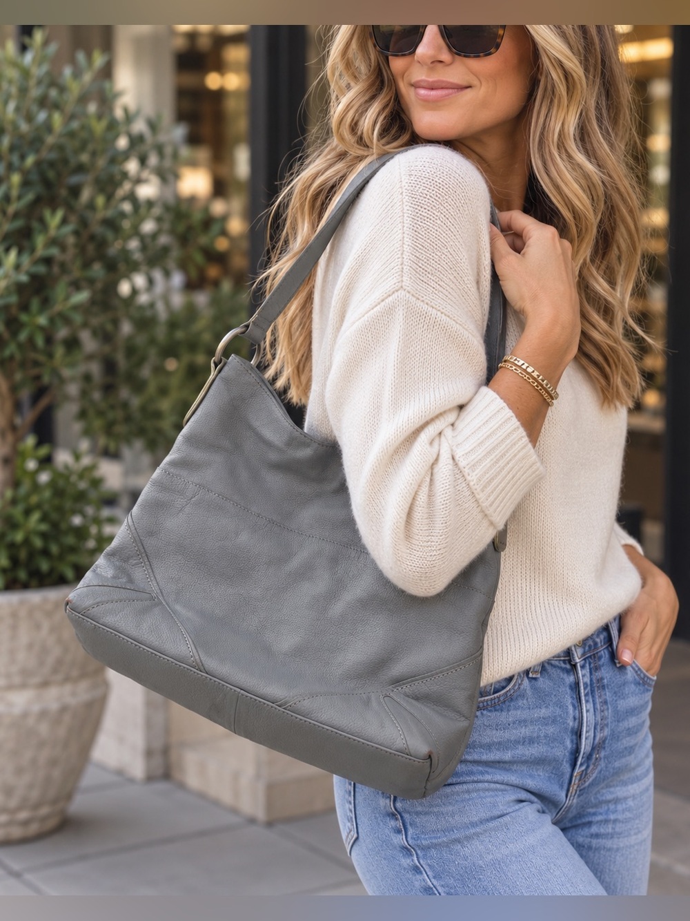 Sorial Gray Leather Hobo Shoulder Bag Slouchy Purse Neutral Fall Season Everyday
